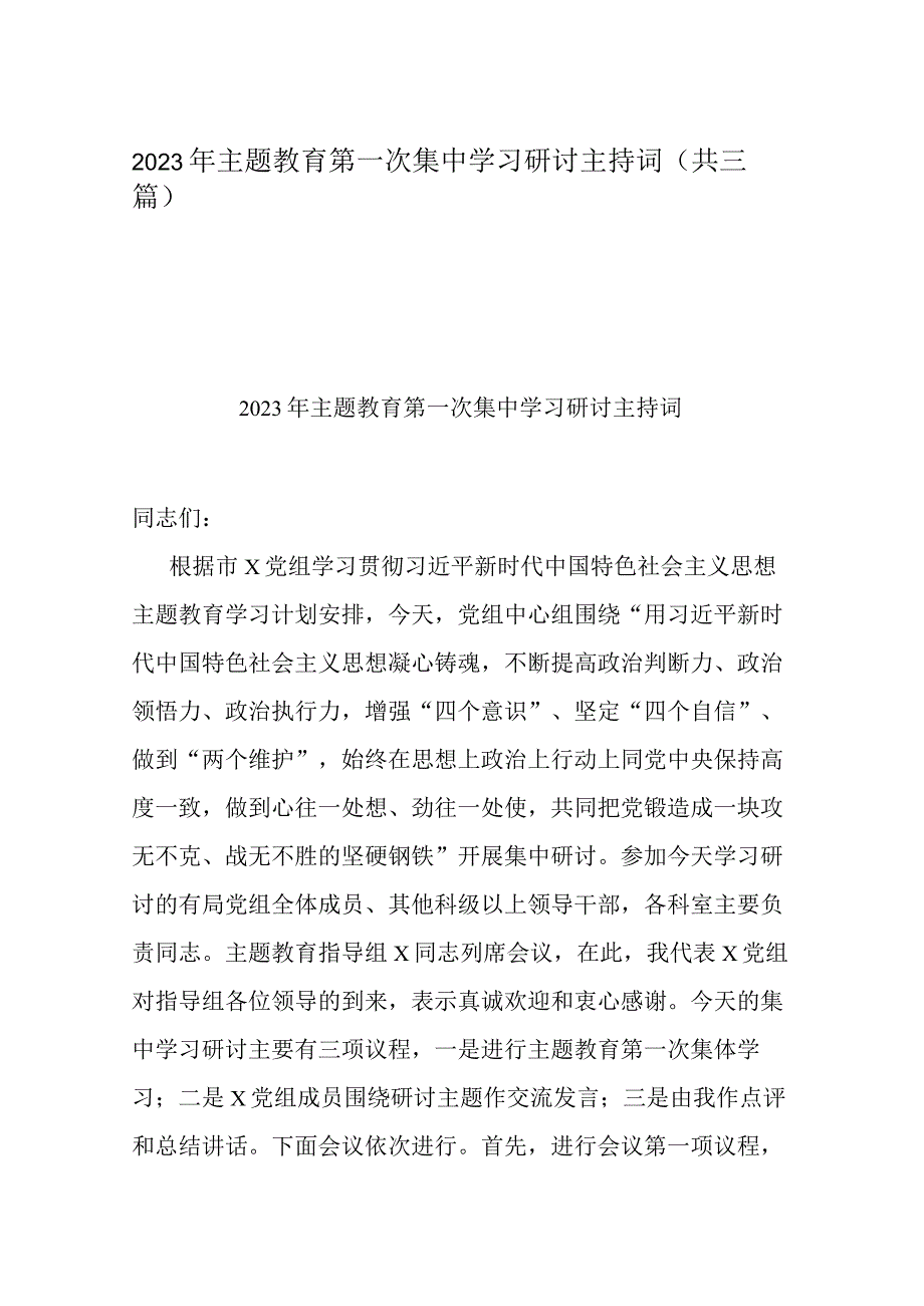 2023年主题教育第一次集中学习研讨主持词(共三篇).docx_第1页