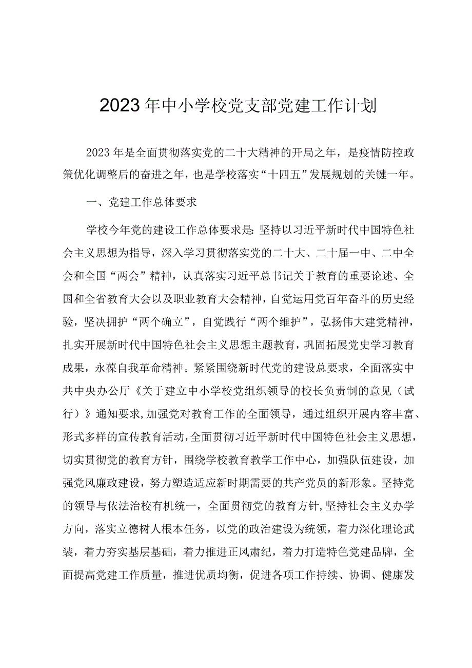 2023年中小学校党支部党建工作计划.docx_第1页