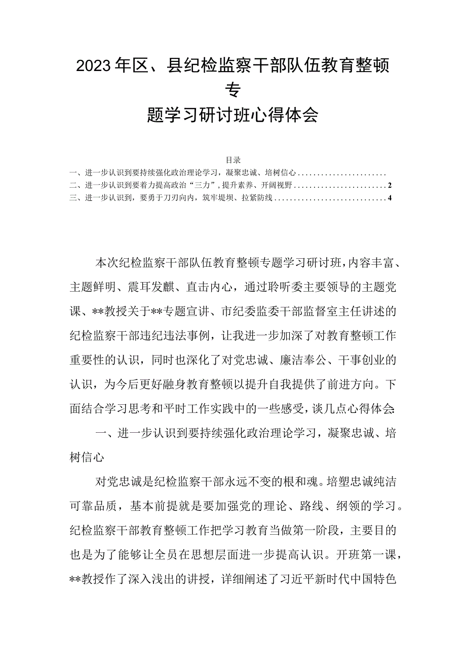 2023年区县纪检监察干部队伍教育整顿专题学习研讨班心得体会.docx_第1页