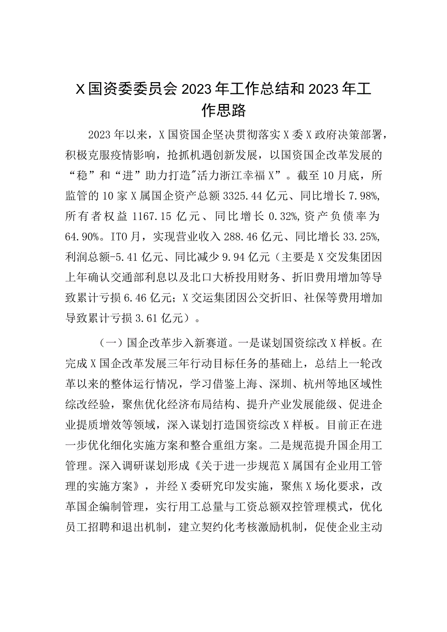 2023年工作总结2023年工作计划：国资委委员会2023年工作总结和2023年工作思路.docx_第1页