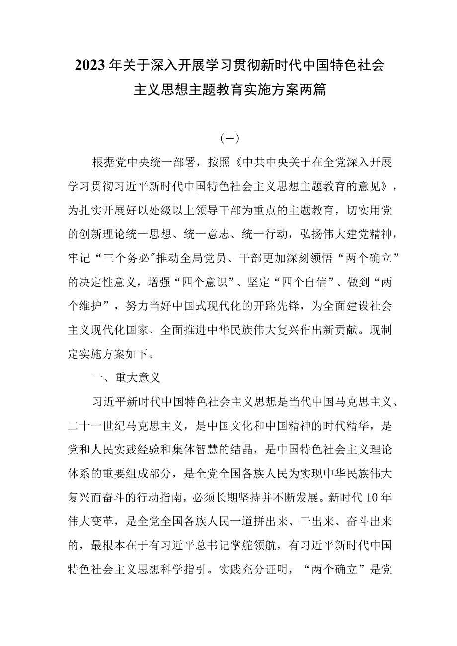 2023年关于深入开展学习贯彻新时代中国特色社会主义思想主题教育实施方案两篇.docx_第1页