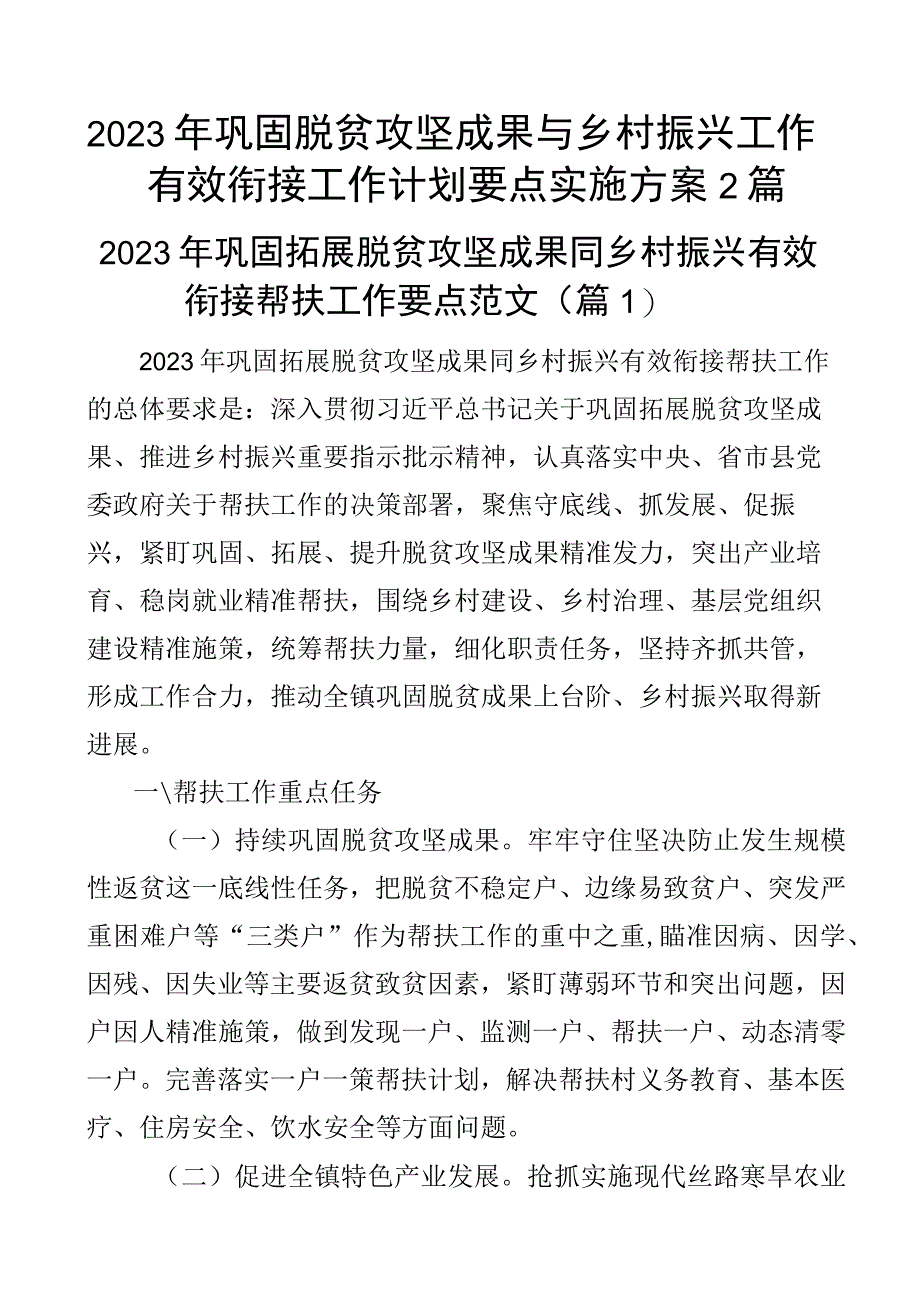 2023年巩固脱贫攻坚成果与乡村振兴工作有效衔接工作计划要点实施方案2篇.docx_第1页