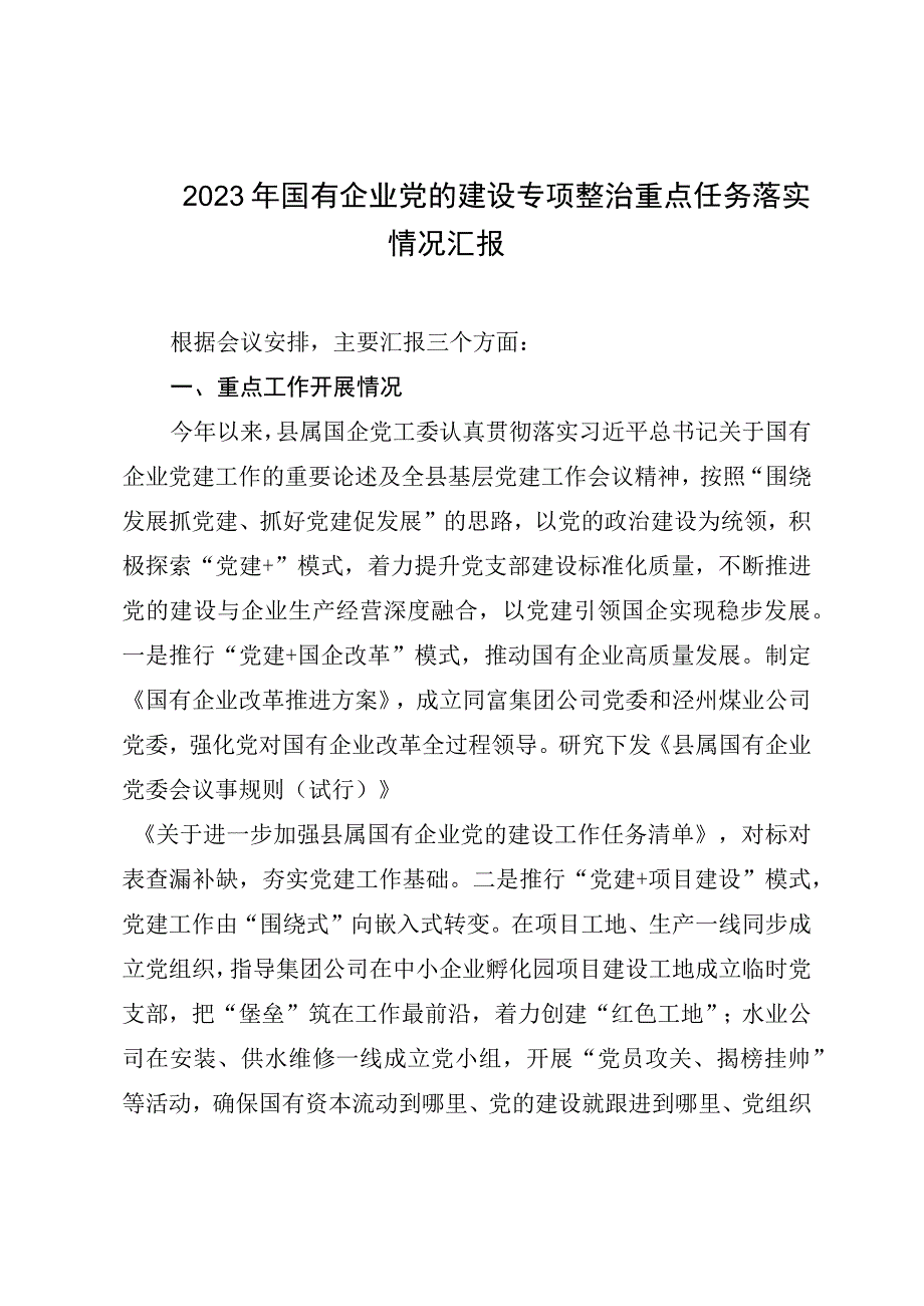 2023年国有企业党的建设专项整治重点任务落实情况汇报.docx_第1页