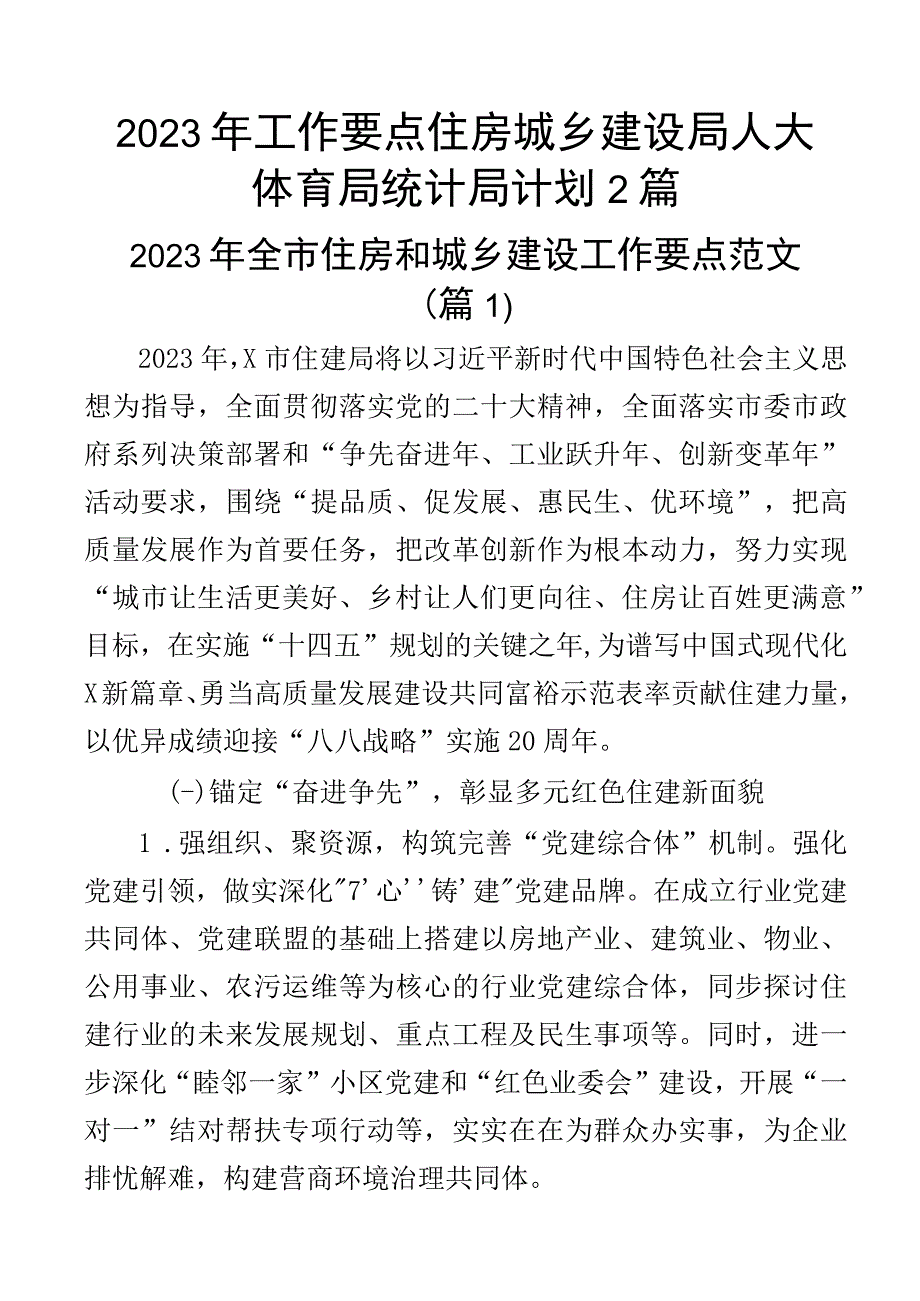 2023年工作要点住房城乡建设局人大体育局统计局计划2篇.docx_第1页