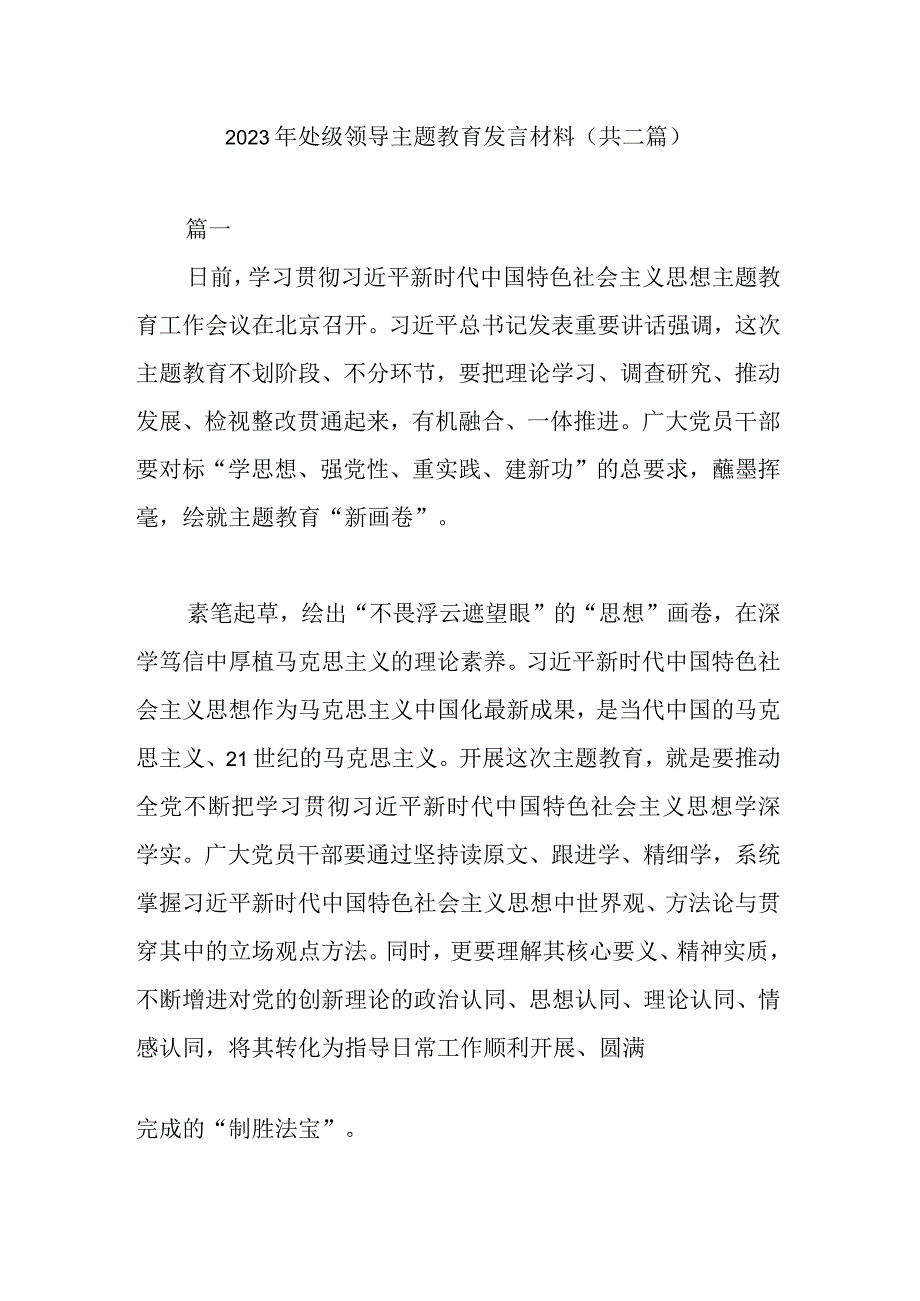 2023年处级领导主题教育发言材料(共二篇)(1).docx_第1页