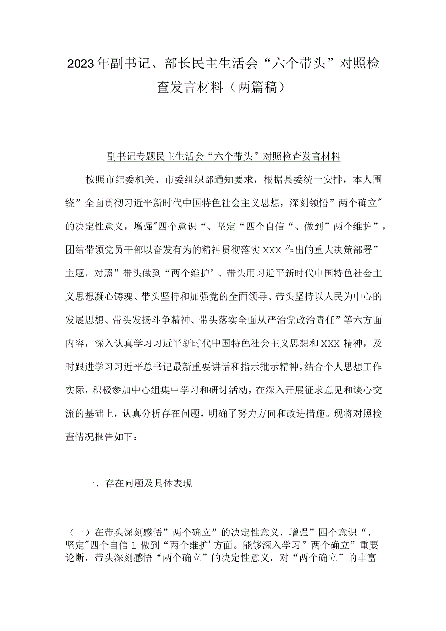 2023年副书记部长民主生活会六个带头对照检查发言材料（两篇稿）.docx_第1页