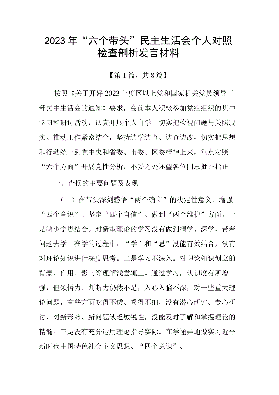 2023年六个带头方面民主组织生活会个人对照检查发言材料共计八篇_002.docx_第1页