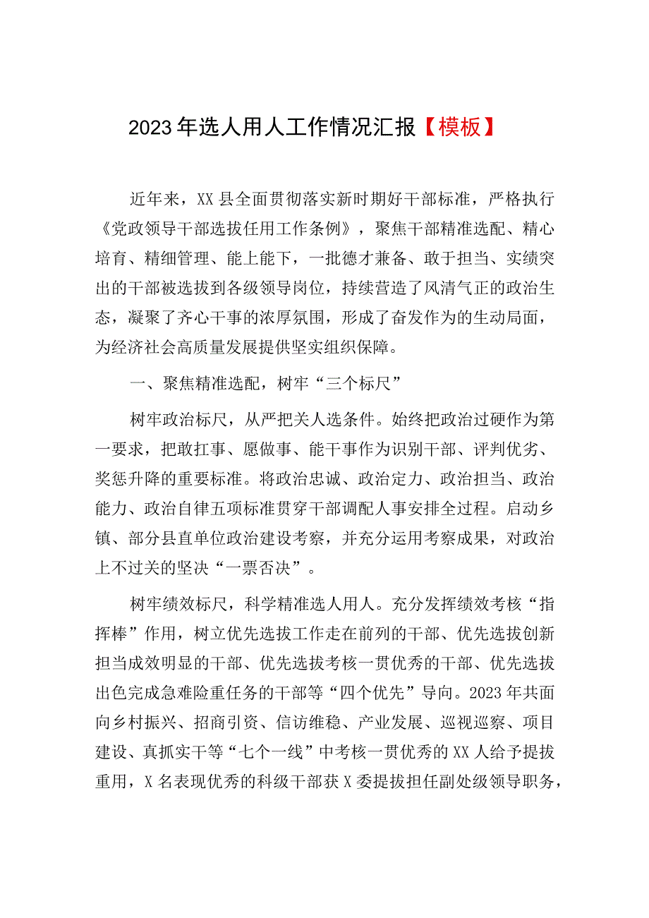 2023年选人用人工作情况汇报模板.docx_第1页