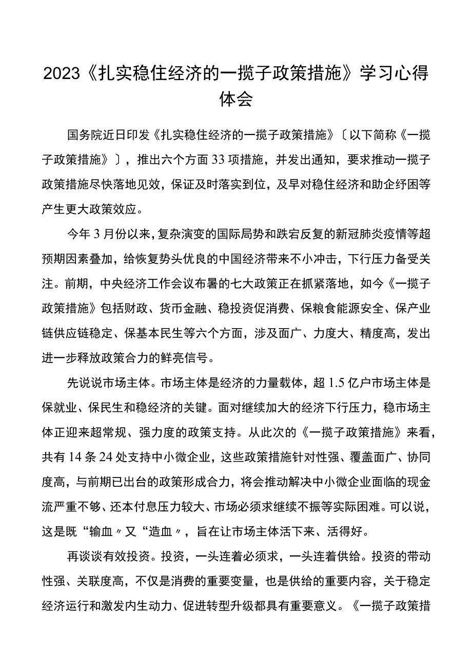 2023扎实稳住经济的一揽子政策措施学习心得体会.docx_第1页