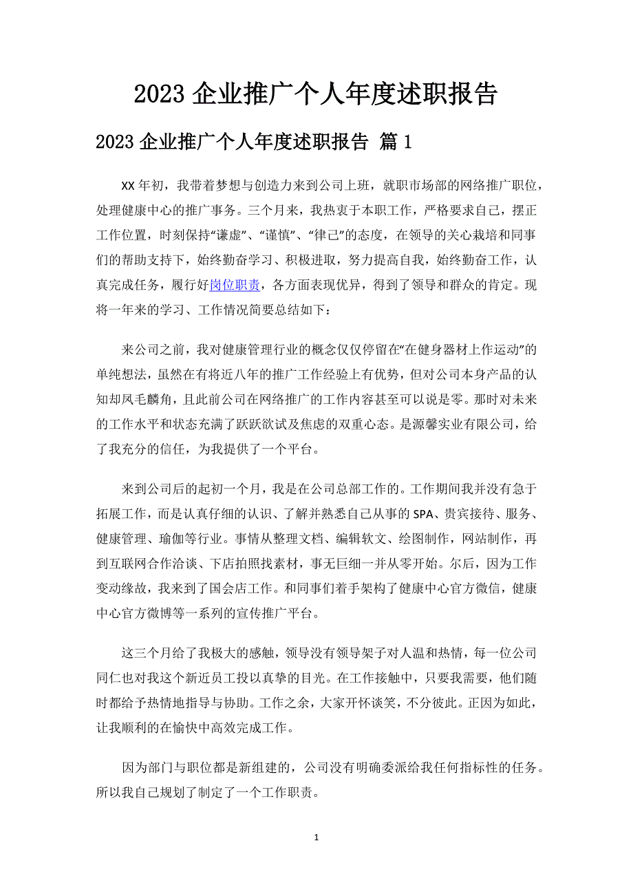 2023企业推广个人年度述职报告.docx_第1页