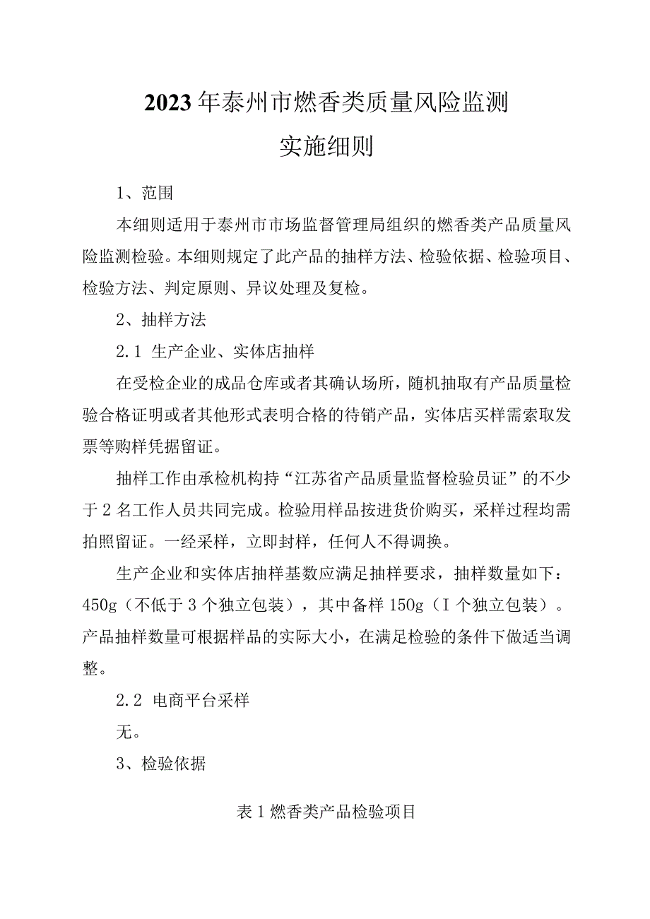 2023年泰州市市级产品质量风险监测实施细则（燃香）.docx_第1页