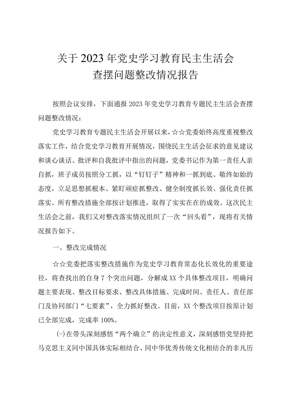 2023年度民主生活会关于2023年民主生活会查摆问题整改情况报告.docx_第1页