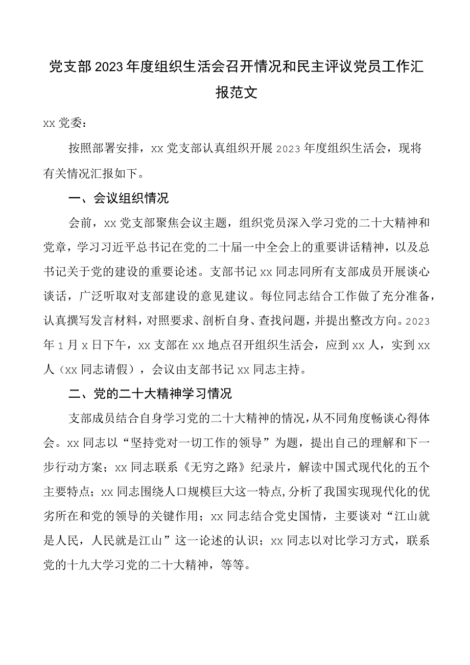 2023年度组织生活会召开情况和民主评议党员工作汇报范文.docx_第1页