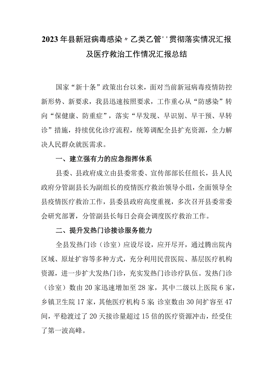 2023年新冠病毒感染乙类乙管贯彻落实情况总结及医疗救治工作情况总结.docx_第1页