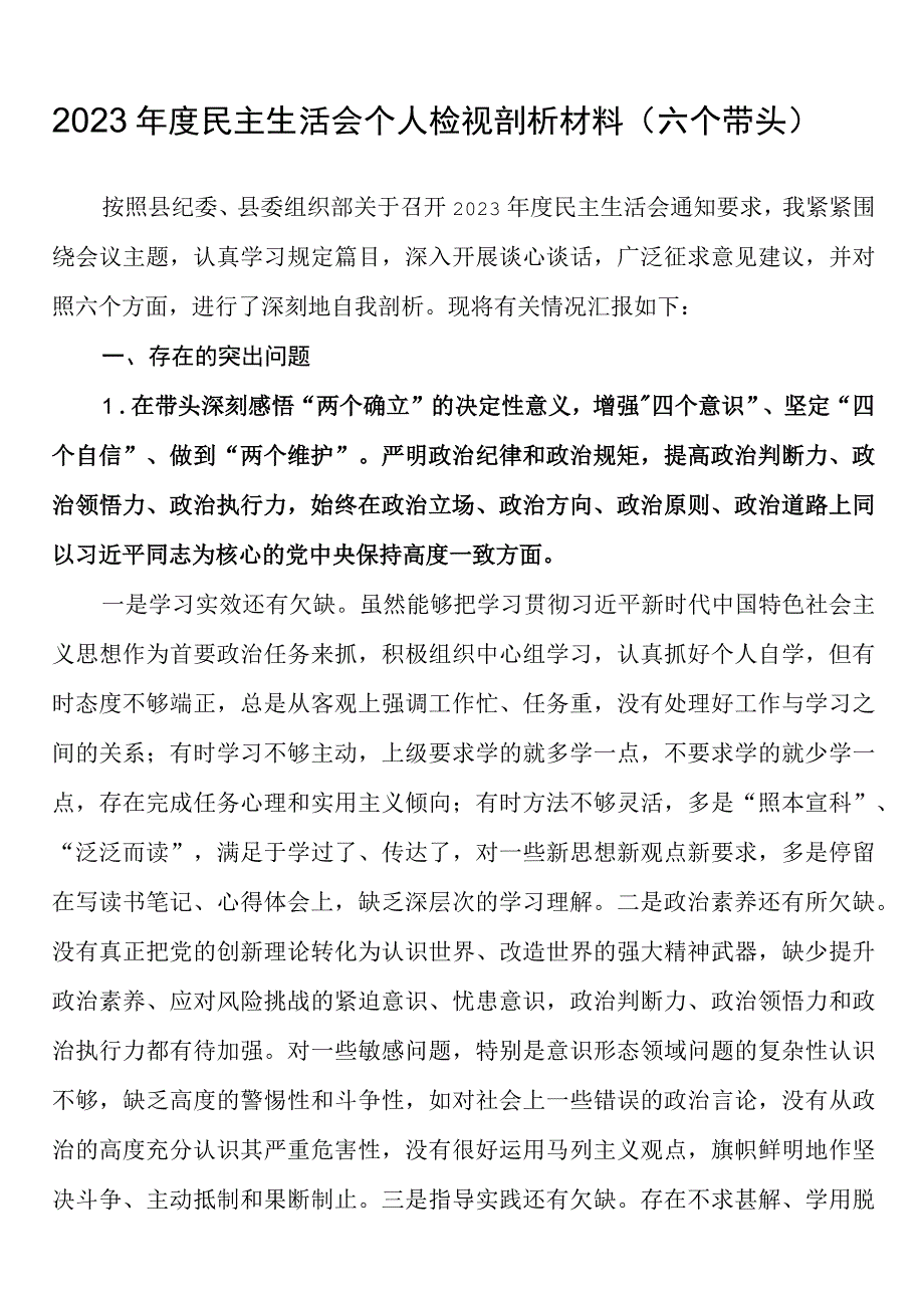 2023年度民主生活会问题清单及整改措施个人检视剖析材料（六个带头）.docx_第1页