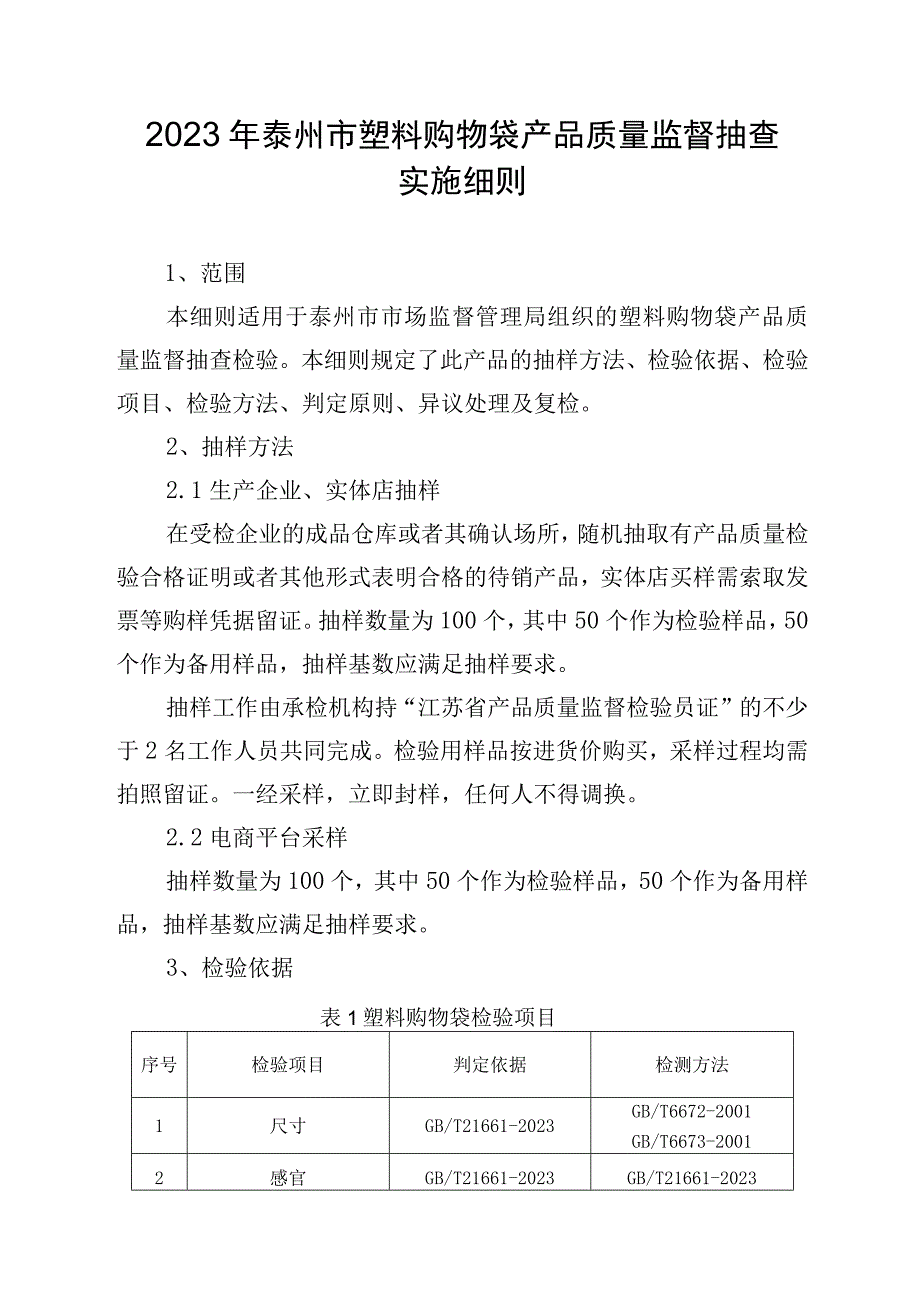 2023年泰州市市级产品质量监督抽查实施细则（塑料购物袋）.docx_第1页