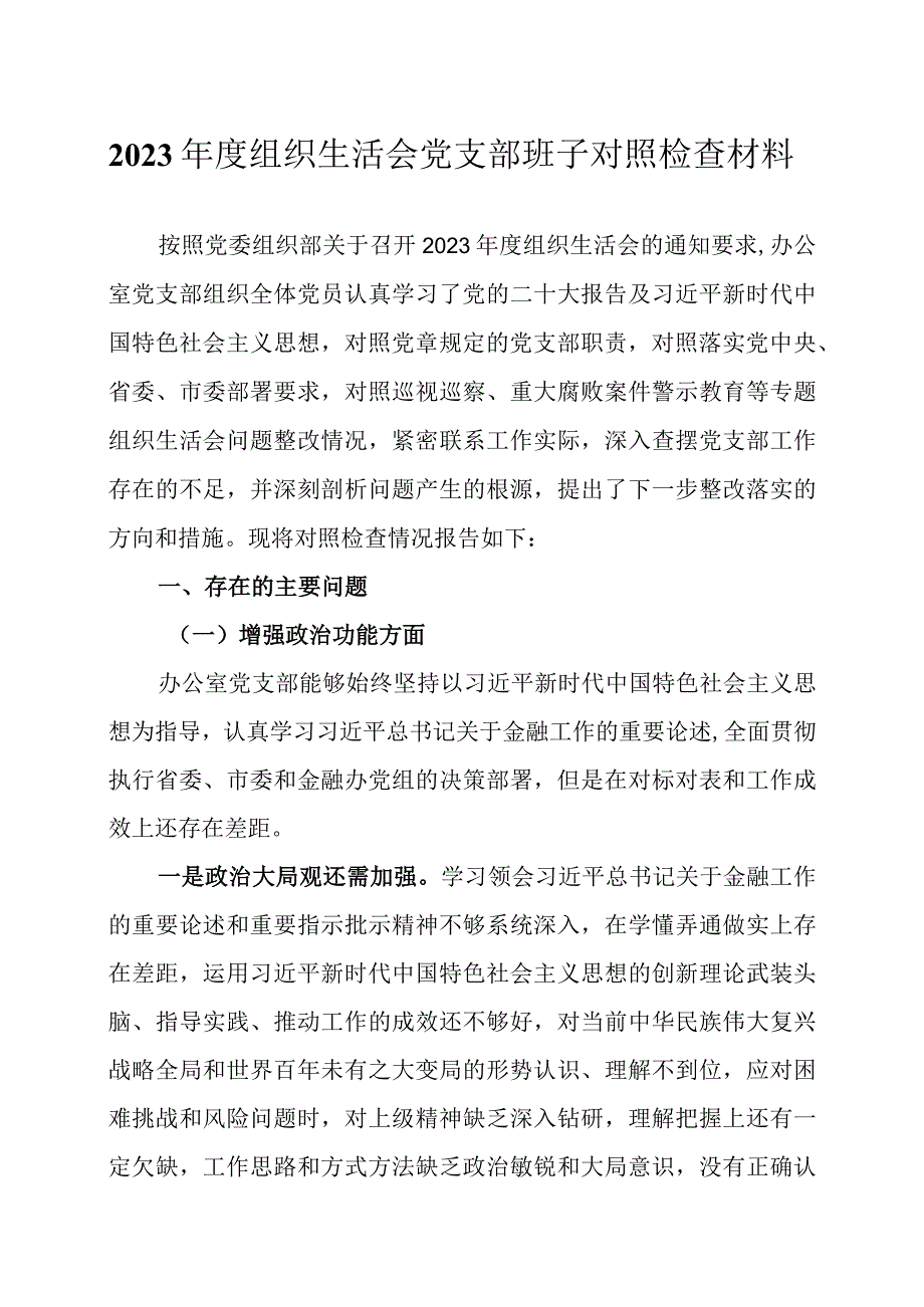 2023年度组织生活会党支部班子个人对照检查材料及领导点评讲话.docx_第1页