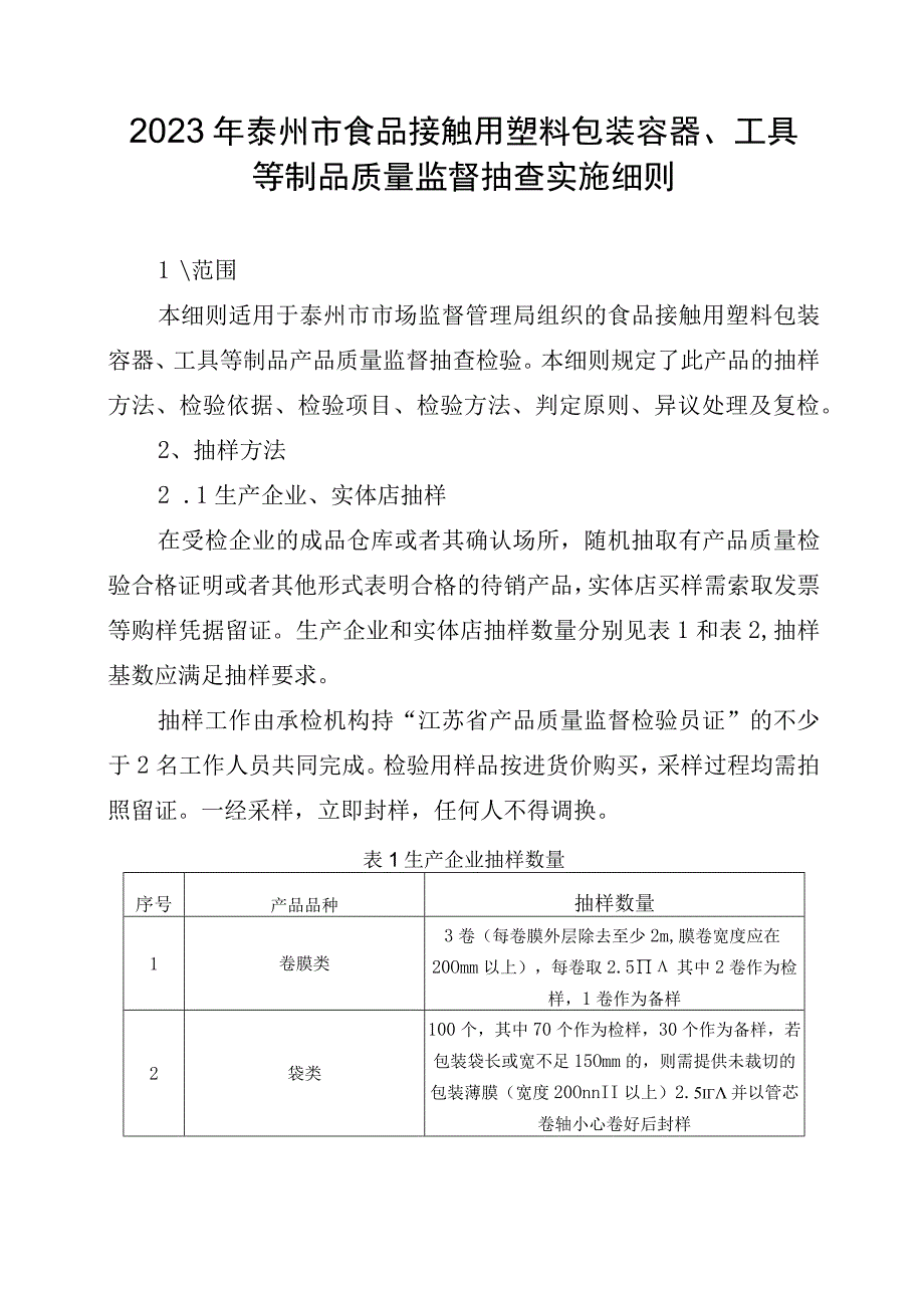 2023年泰州市市级产品质量监督抽查实施细则（食品接触用塑料包装容器工具等制品）.docx_第1页