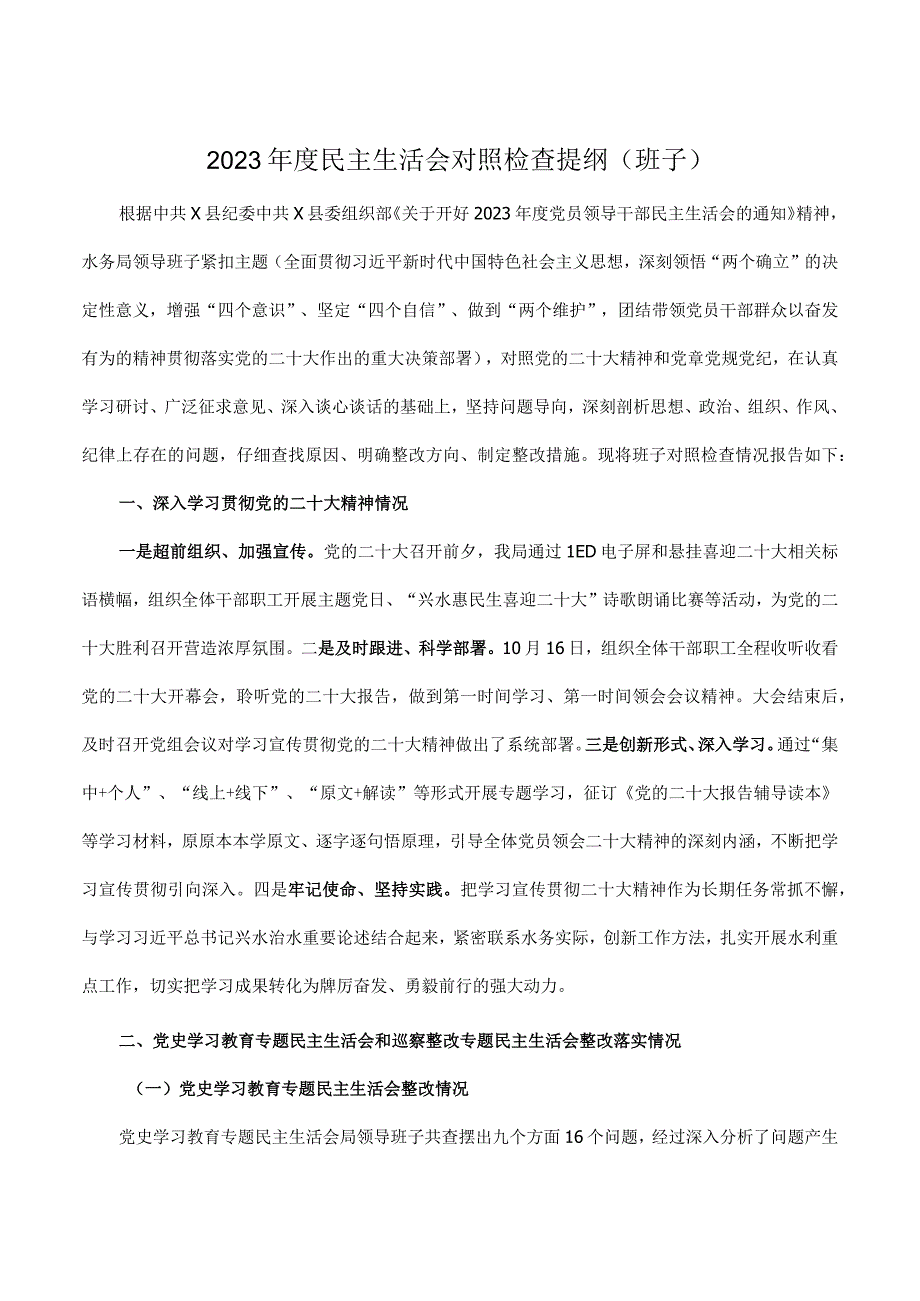 2023年度民主生活会对照检查提纲(班子).docx_第1页