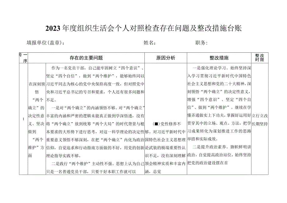 2023年度组织生活会民主生活会个人对照检查存在问题及整改措施台账三篇.docx_第1页