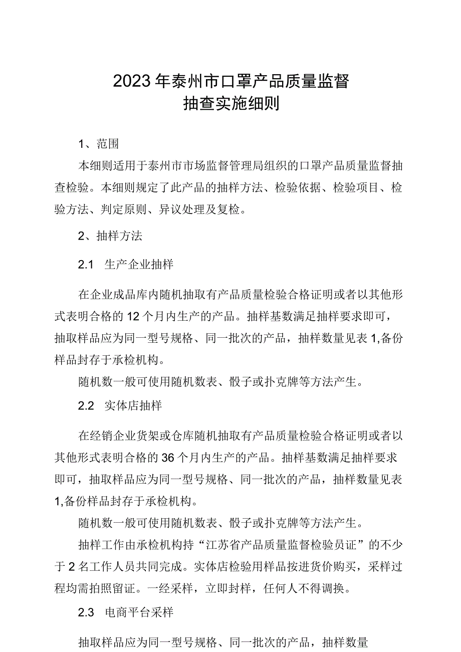 2023年泰州市市级产品质量监督抽查实施细则（口罩）.docx_第1页