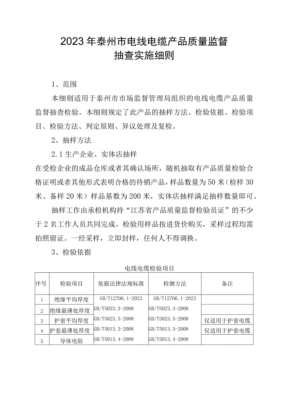 2023年泰州市市级产品质量监督抽查实施细则（电线电缆）.docx_第1页