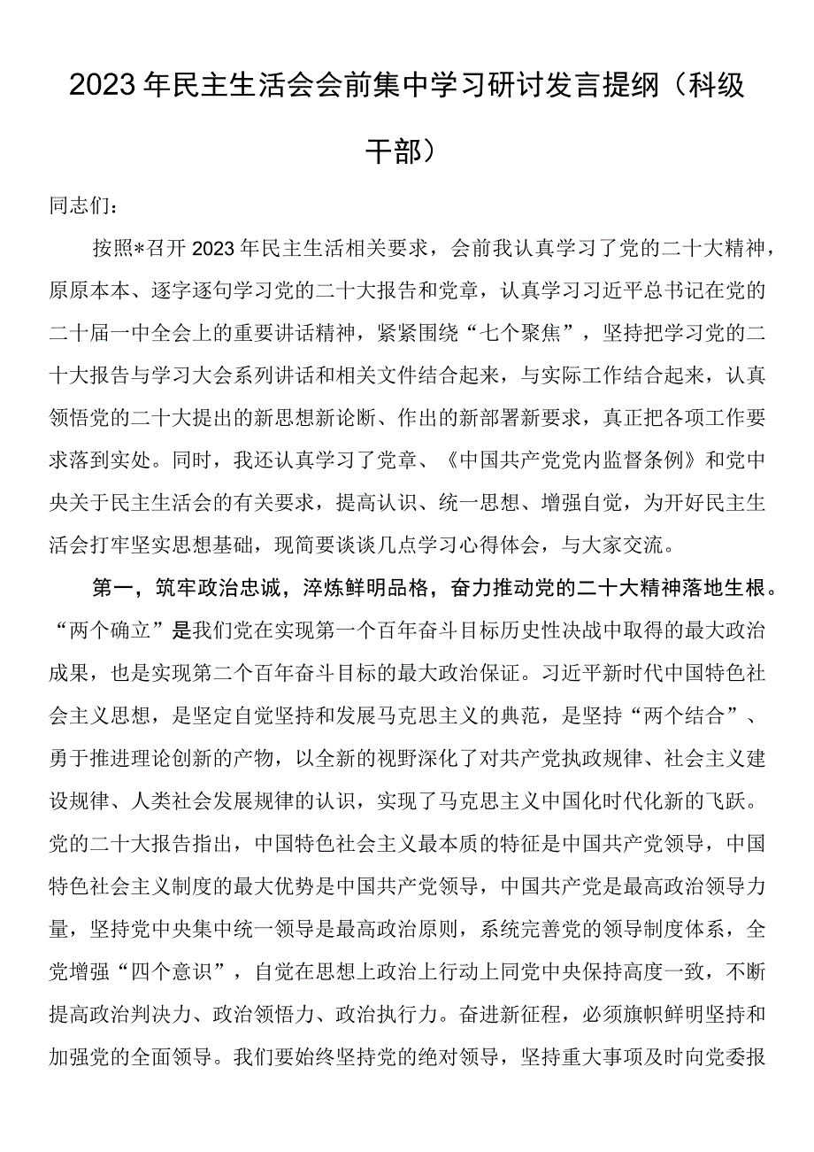 2023年民主生活会会前集中学习研讨发言提纲（科级干部）.docx_第1页