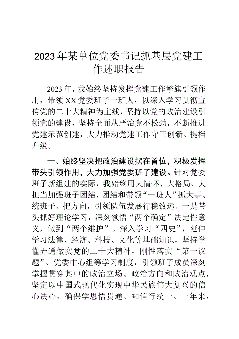 2023年某单位党委书记抓基层党建工作述职报告.docx_第1页