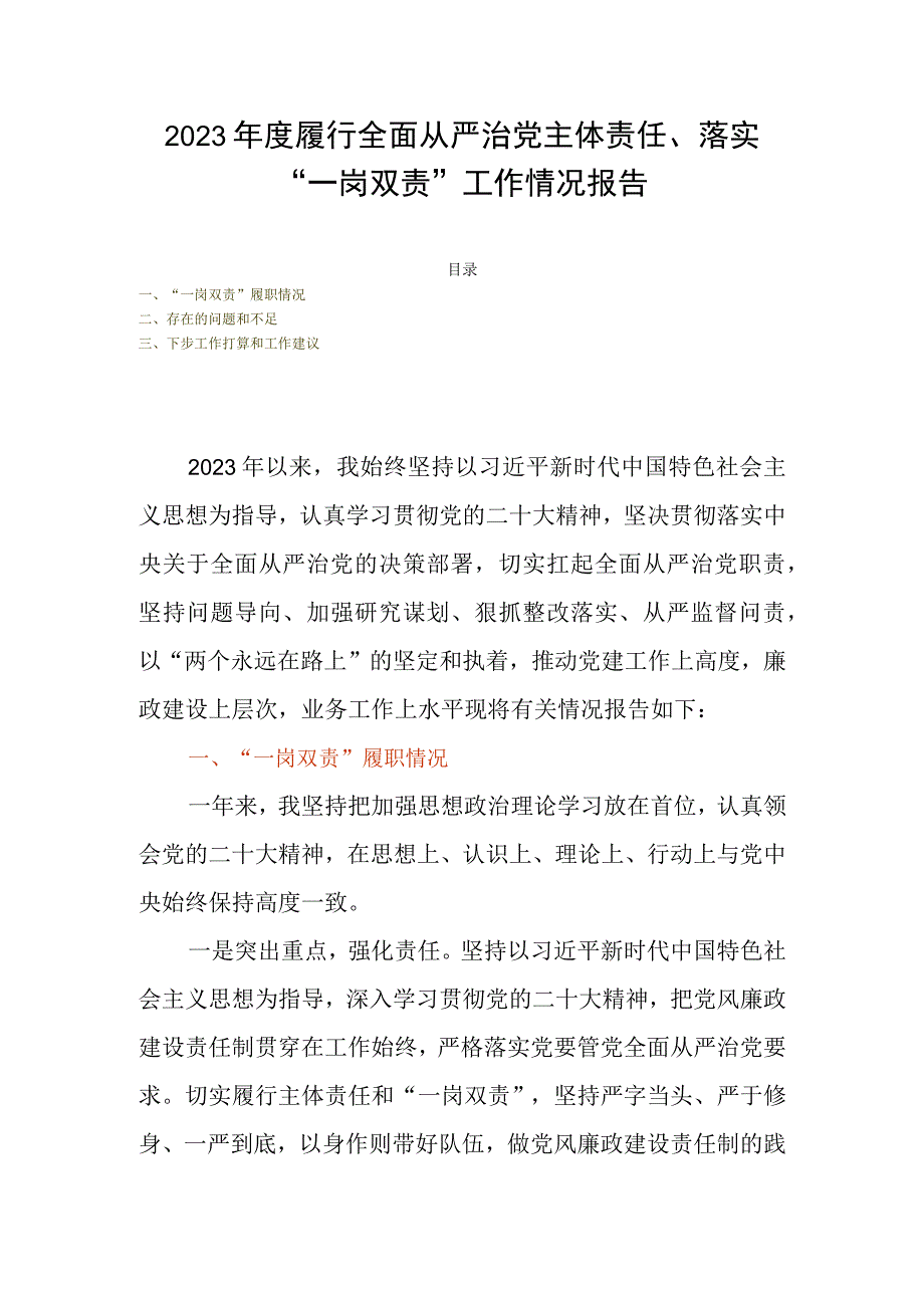 2023年度履行全面从严治党主体责任落实一岗双责工作情况报告.docx_第1页