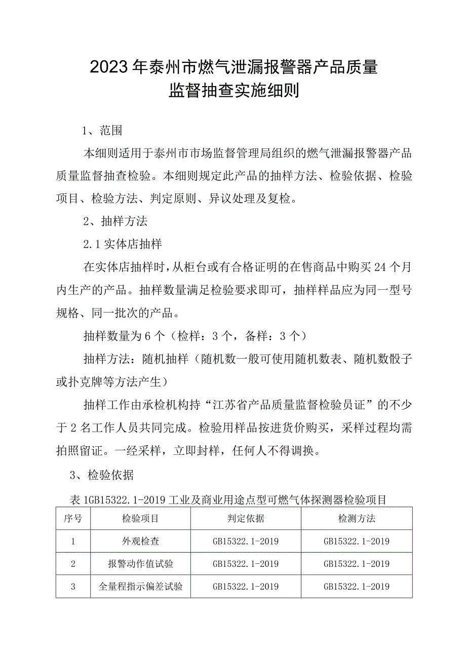 2023年泰州市市级产品质量监督抽查实施细则（燃气泄漏报警器）.docx_第1页