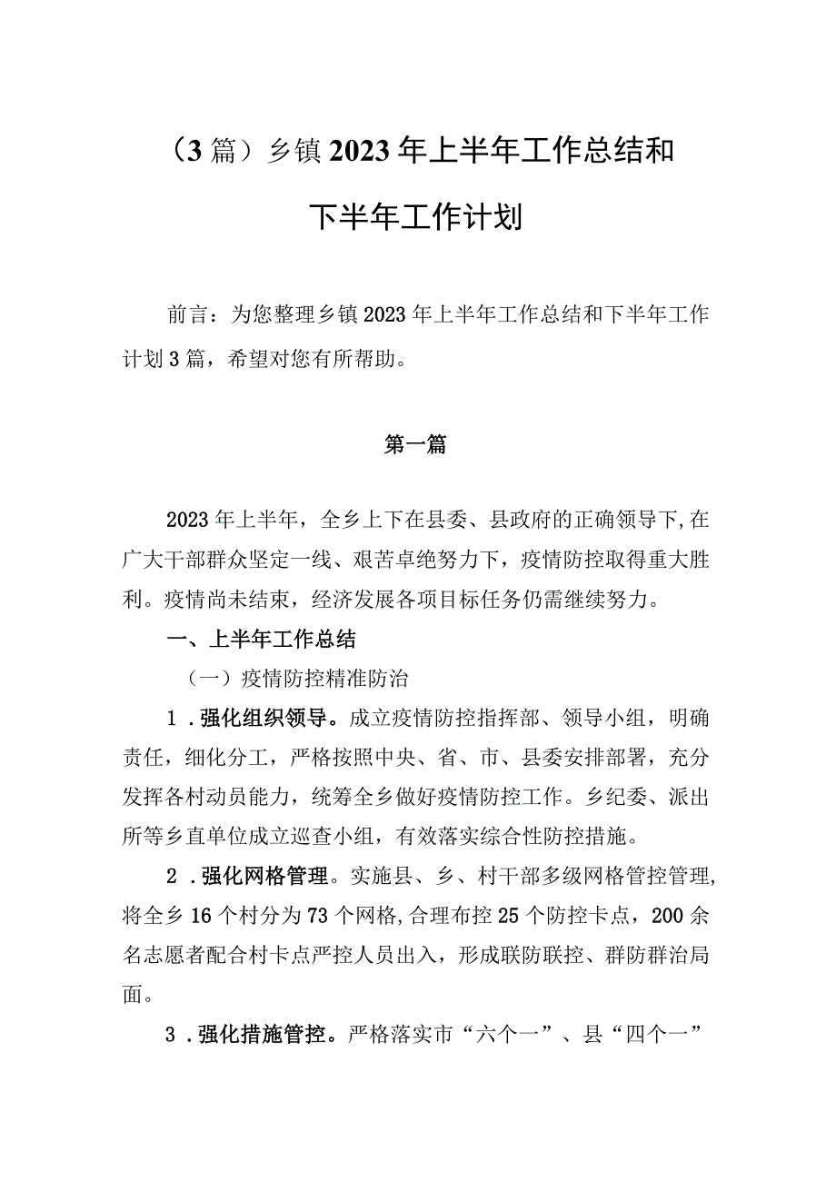 3篇乡镇2023年上半年工作总结和下半年工作计划.docx_第1页