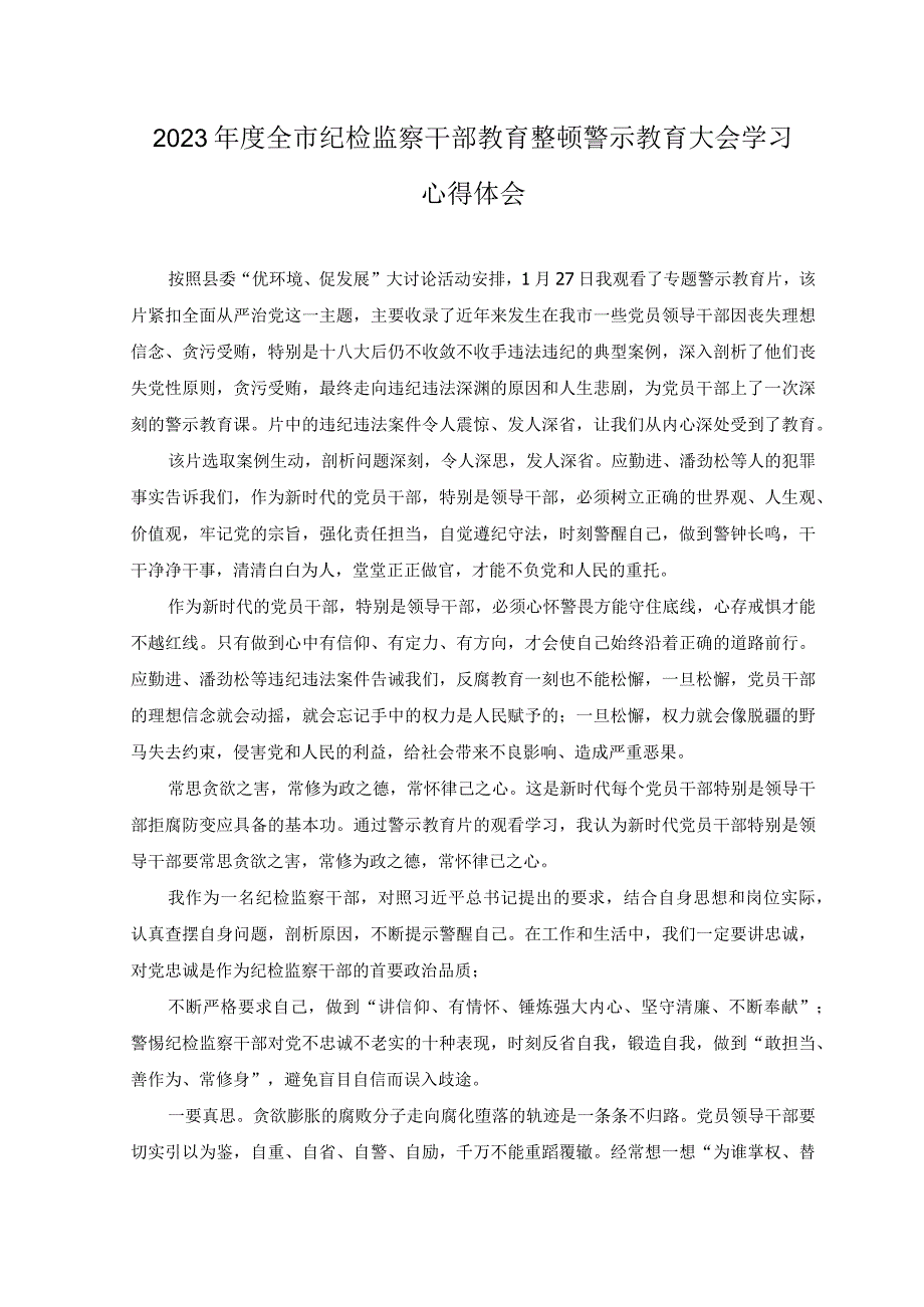 3篇2023年度全市纪检监察干部教育整顿警示教育大会学习心得体会.docx_第2页