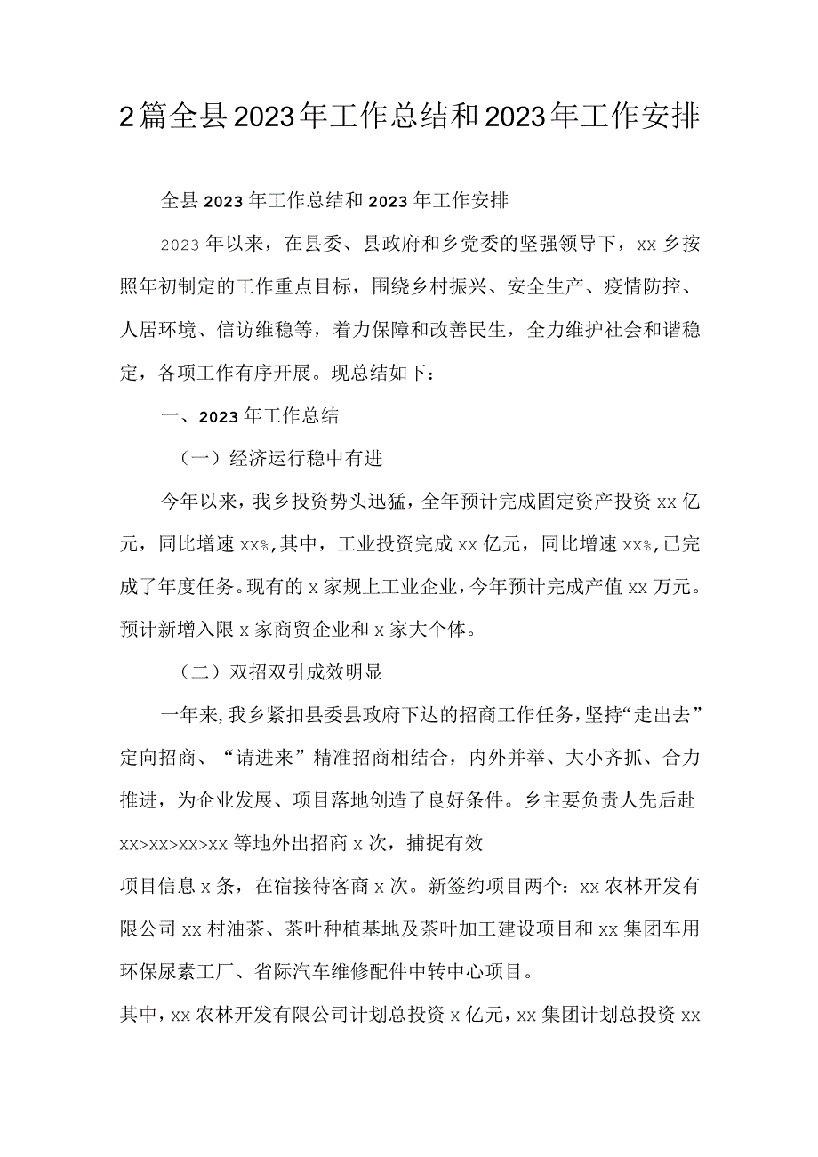 2篇全县2023年工作总结和2023年工作安排.docx_第1页