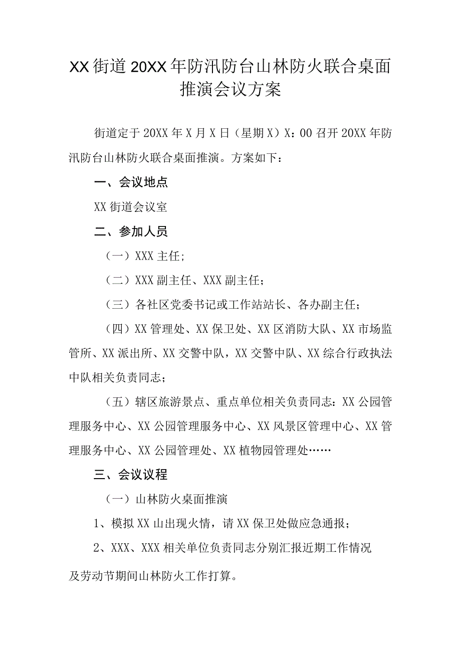 XX街道关于召开防汛防台山林防火桌面推演的会议方案.docx_第1页