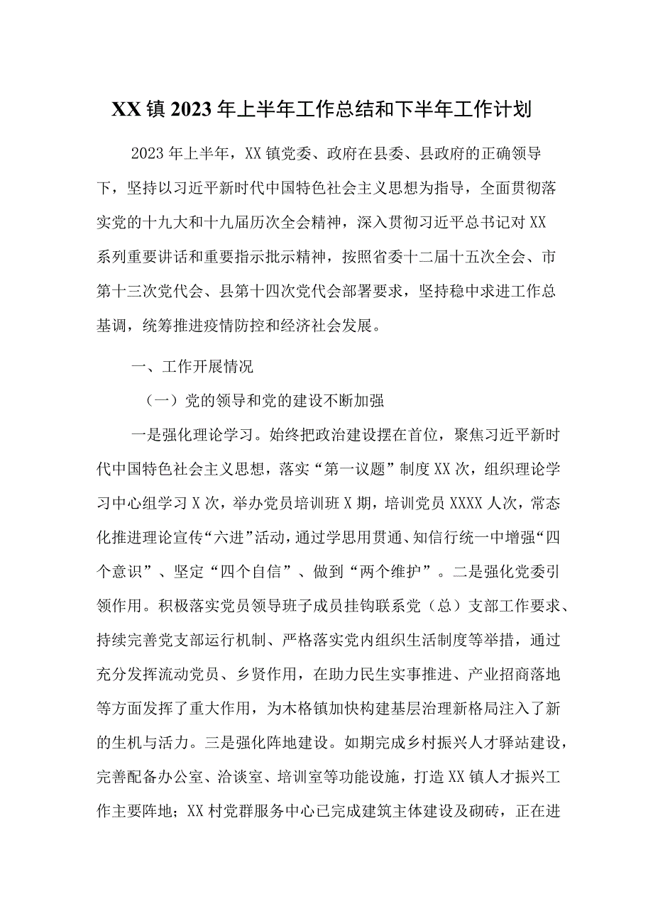 XX镇2023年上半年工作总结和下半年工作计划.docx_第1页