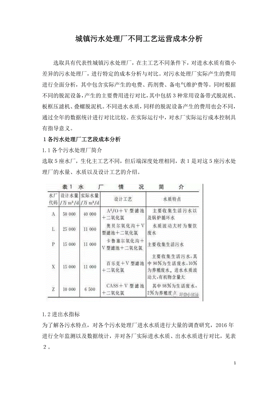 城镇污水处理厂不同工艺运营成本分析.doc_第1页