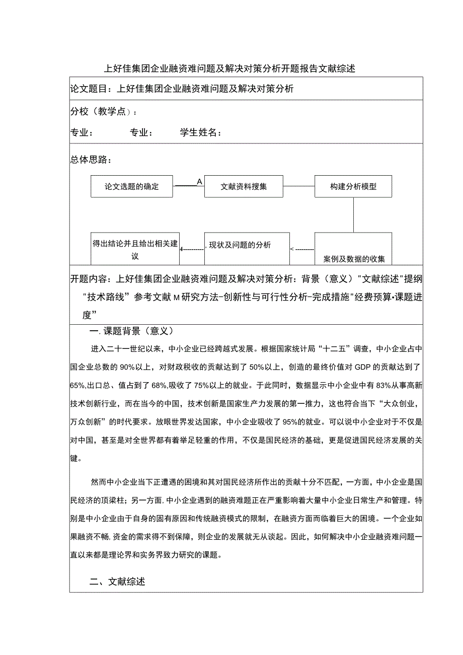 上好佳集团企业融资难问题及解决对策分析开题报告文献综述3500字.docx_第1页