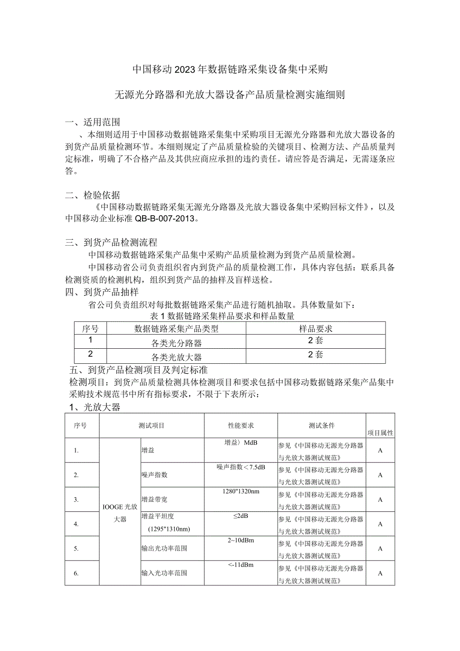 中国移动无源光分路器和光放大器设备产品质量检测实施细则.docx_第1页