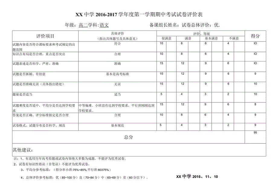 中小学考试试卷评价表模板.docx_第1页