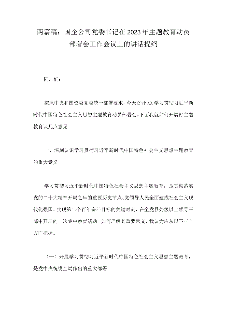 两篇稿：国企公司党委书记在2023年主题教育动员部署会工作会议上的讲话提纲.docx_第1页