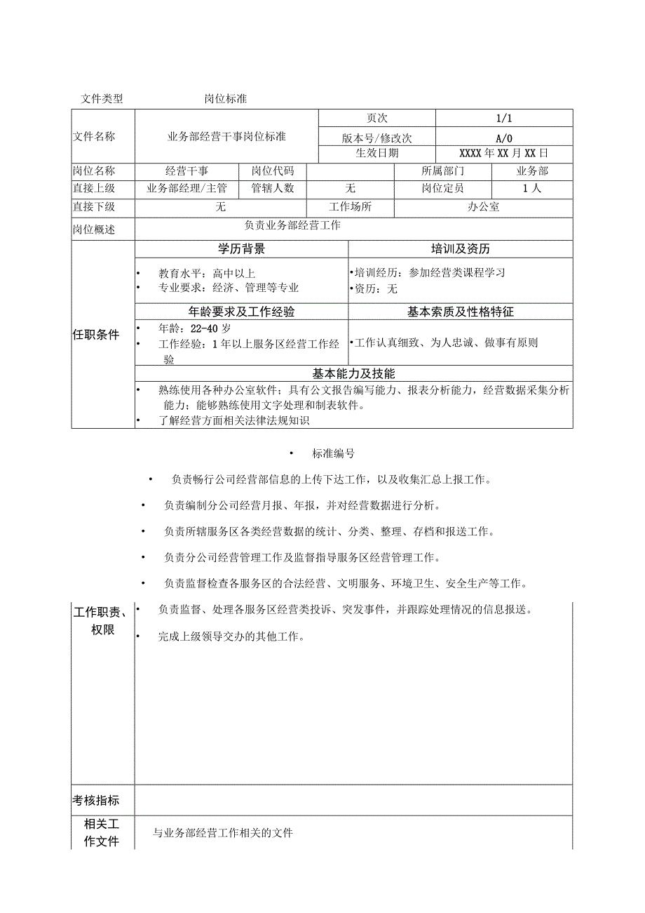 业务管理部经营干事岗位标准.docx_第1页