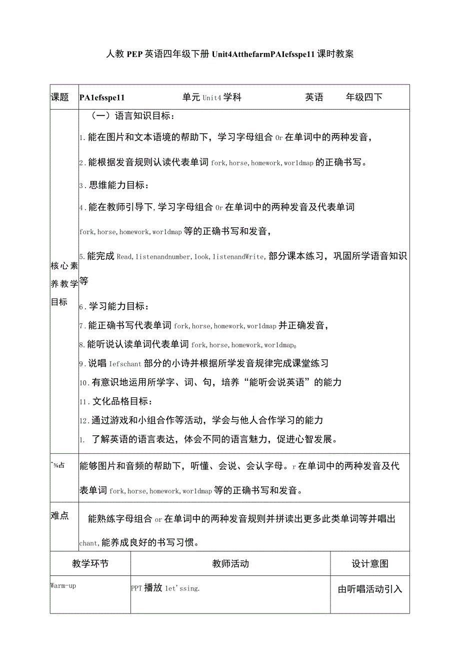 人教PEP四下核心素养目标Unit4AtthefarmPAlet'sspell教案.docx_第1页