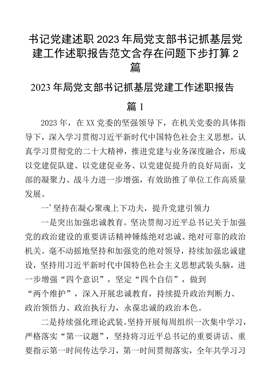 书记党建述职2023年局党支部书记抓基层党建工作述职报告范文含存在问题下步打算2篇.docx_第1页