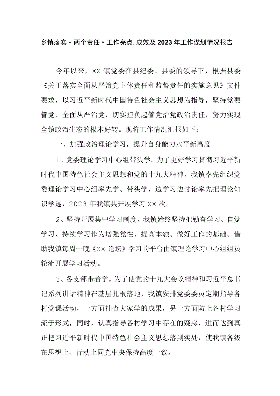 乡镇落实两个责任工作亮点成效及2023年工作谋划情况报告.docx_第1页