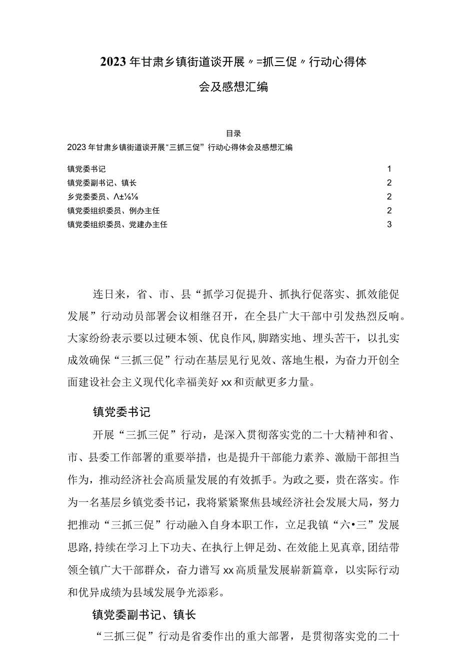 2023年甘肃乡镇街道谈开展三抓三促行动心得体会及感想汇编.docx_第1页