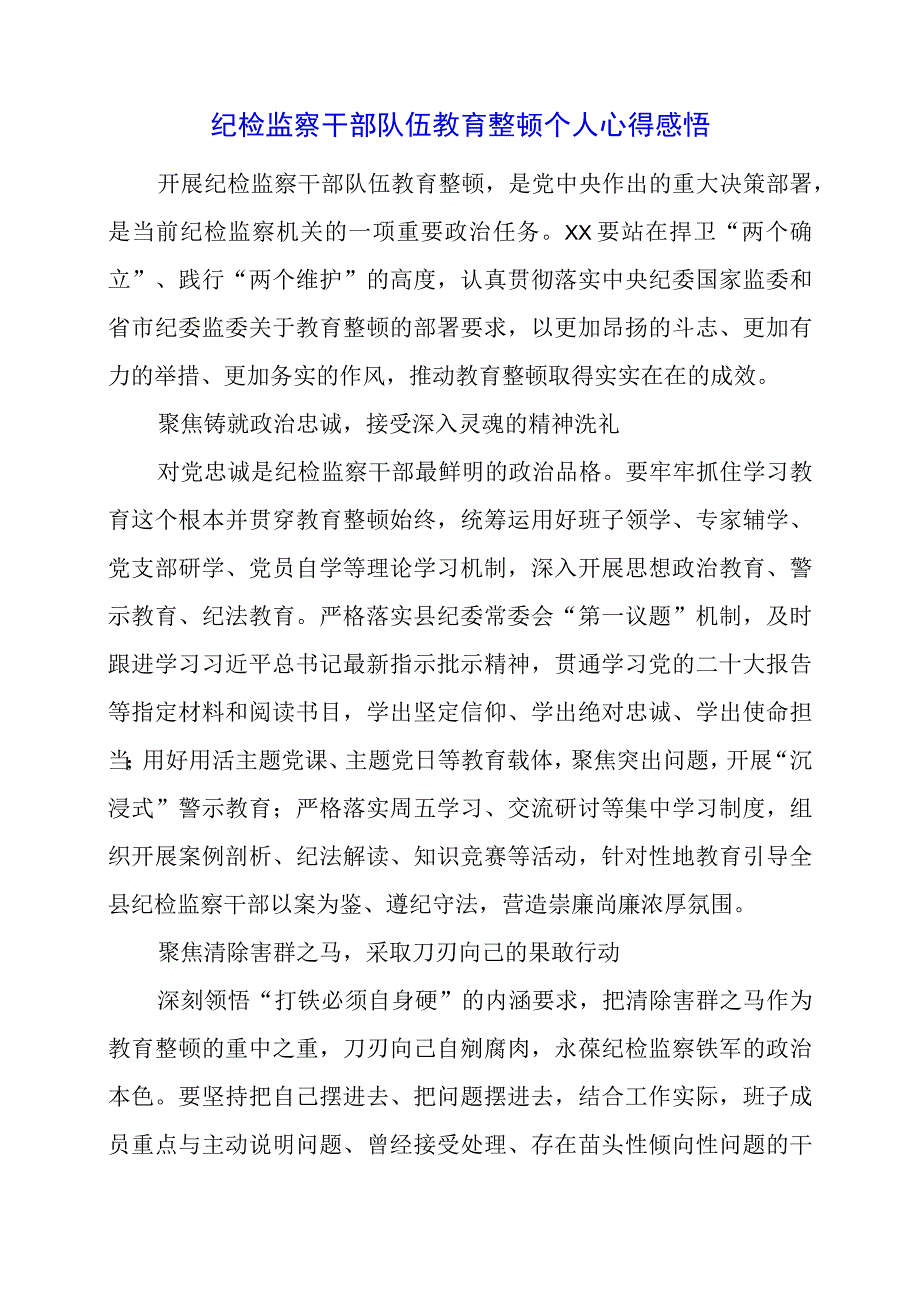 2023年纪检监察干部队伍教育整顿个人心得感悟.docx_第1页