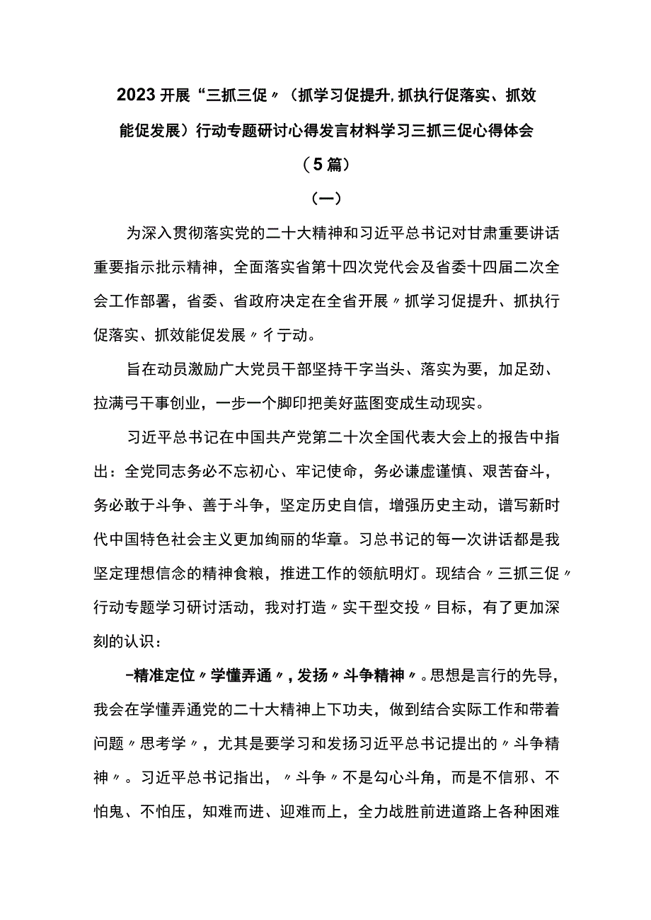 2023开展三抓三促（抓学习促提升抓执行促落实抓效能促发展）行动专题研讨心得发言材料学习三抓三促心得体会甘肃.docx_第1页