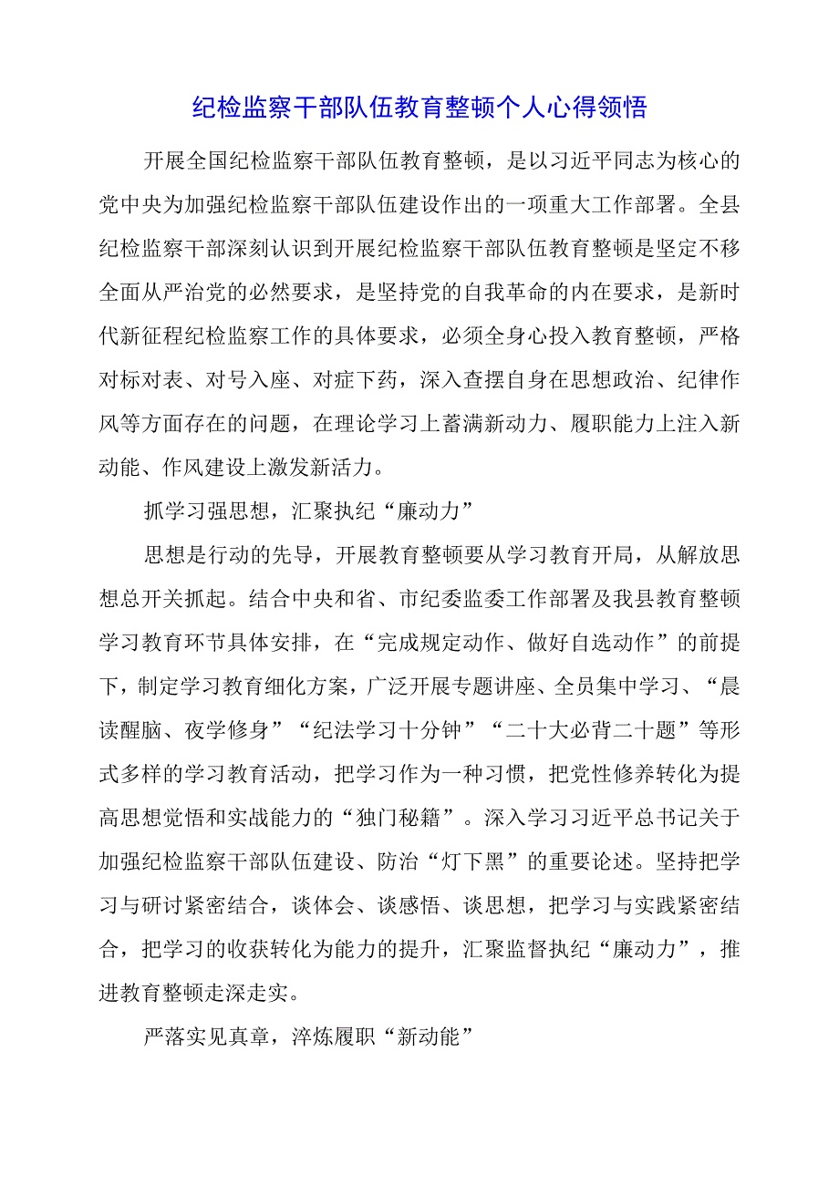 2023年纪检监察干部队伍教育整顿个人心得领悟.docx_第1页