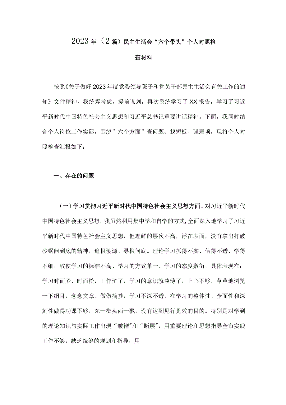 2023年（2篇）民主生活会六个带头个人对照检查材料.docx_第1页