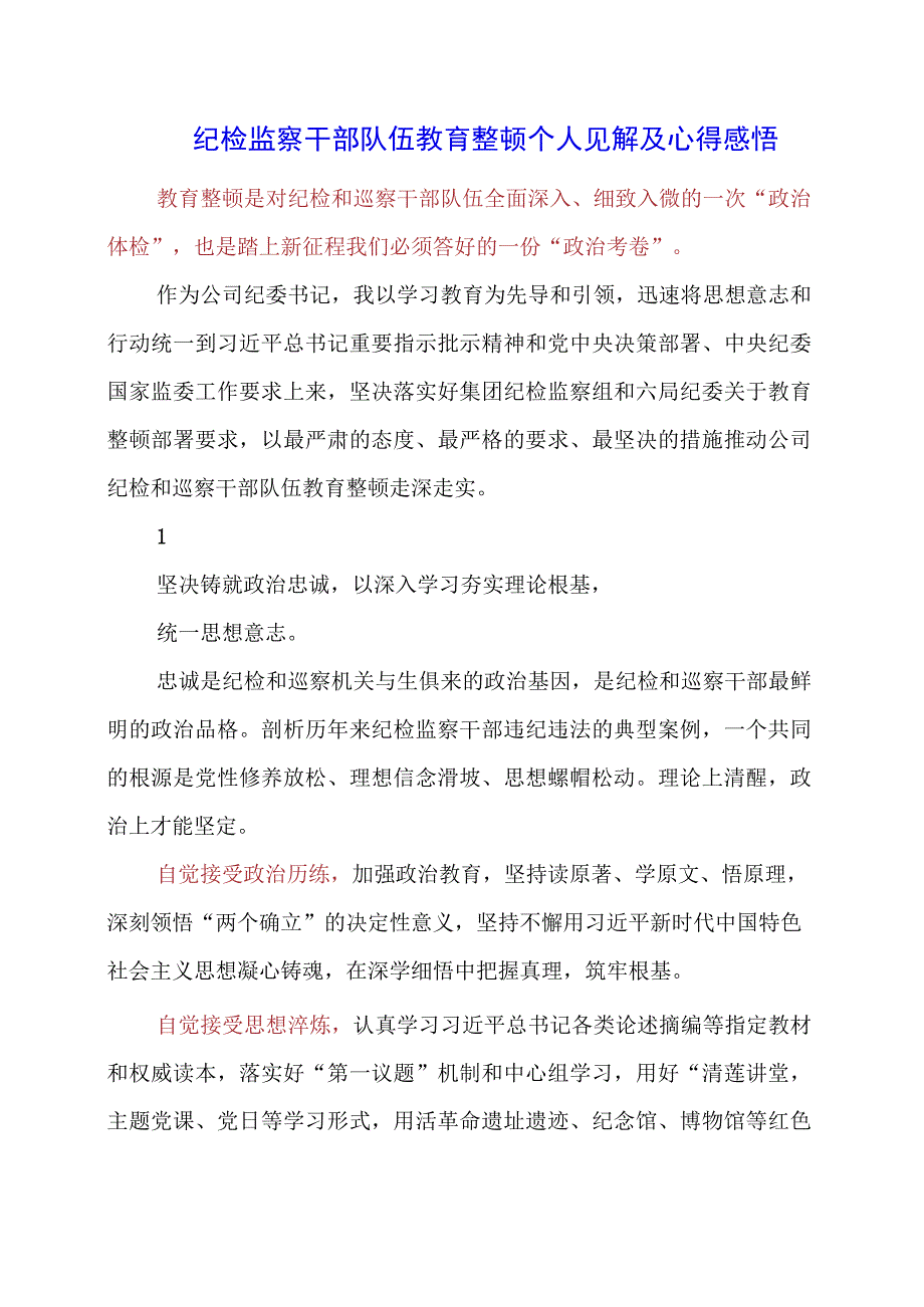 2023年纪检监察干部队伍教育整顿个人见解及心得感悟.docx_第1页